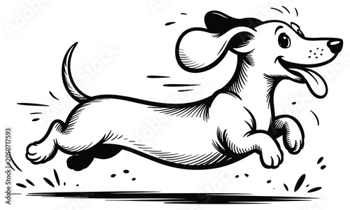 Happy dachshund puppy running fast with a big joyful smile in a simple black and white hand drawn sketch style
