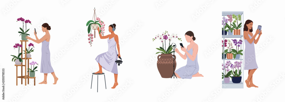 Fototapeta premium Flat vector illustration set of a young woman taking photos and videos of blooming orchid plants for social media and blogging.