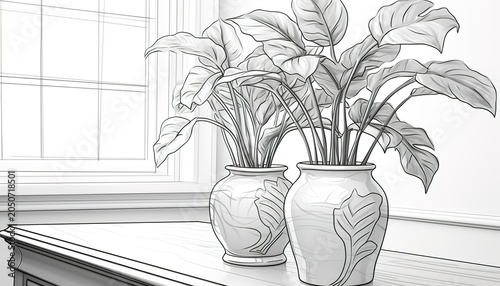 A black and white illustration of two potted plants on a table by a window