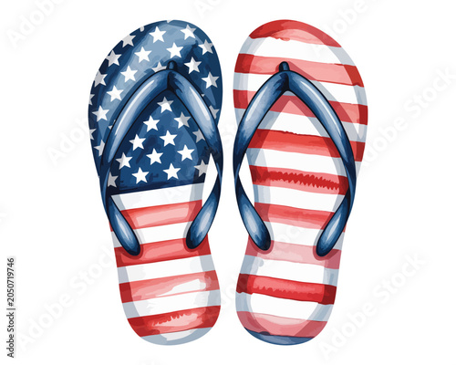 Watercolor Patriotic Flip Flops Clipart, Summer Beach vector illustration isolated on white background