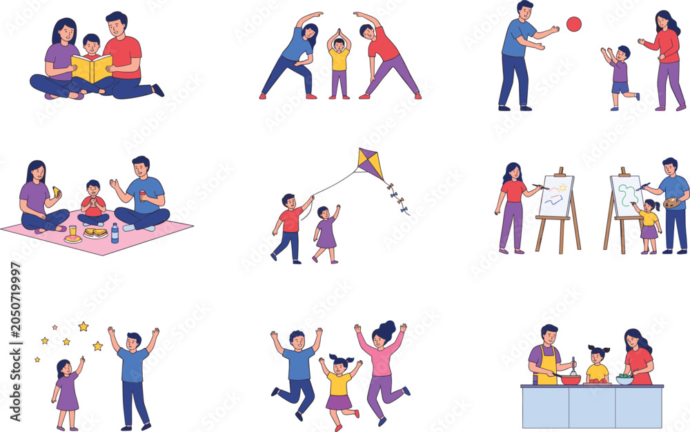 Naklejka premium Family Activities Collection with Parents and Children Flat Vector Illustration Set