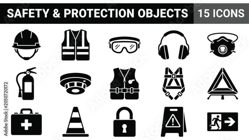 Φωτογραφία Safety and Protection Objects Icons Set: Hard Hat, Vest, Goggles, Ear Defenders,
