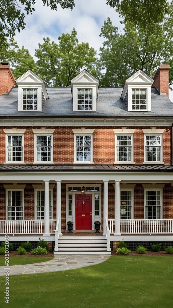 Fototapeta premium Elegant Brick Mansion with Red Door and White Columns.