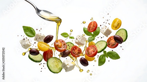 Fresh greek salad ingredients with olive oil dressing