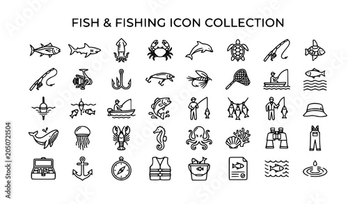 Photography Marine fish and fishing thin line icon kit vector illustration