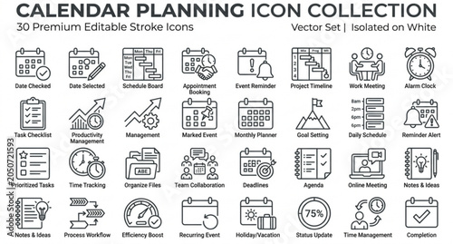 Calendar scheduler outline icon set with booking reminder and planner concepts