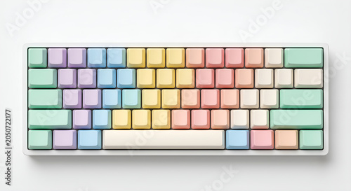 Top view of a pastel colored mechanical keyboard with blank keycaps isolated on a white background