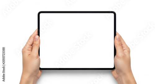 Person holding a blank tablet or digital screen isolated on transparent background