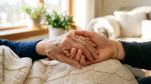 Young hand gently holding wrinkled hand of elderly person, symbol of love, care, support, and family connection