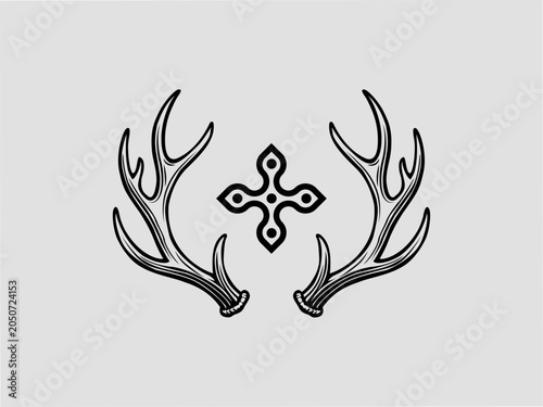 Vintage style engraved illustration of deer antlers flanking a cross symbol with illustration engraving symmetrical wildlife outdoors ornamental heritage minimalist artistic monochrome