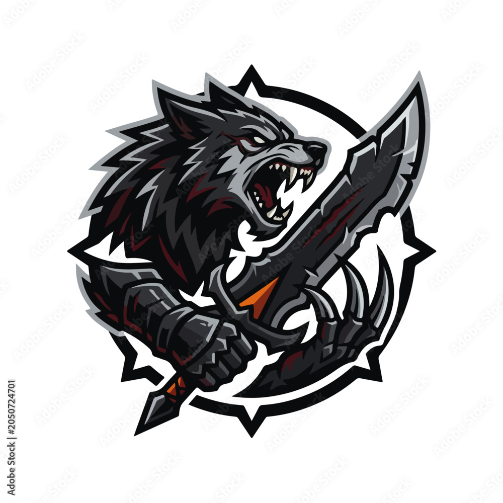 Obraz premium fierce wolf holding sword esports mascot logo vector template