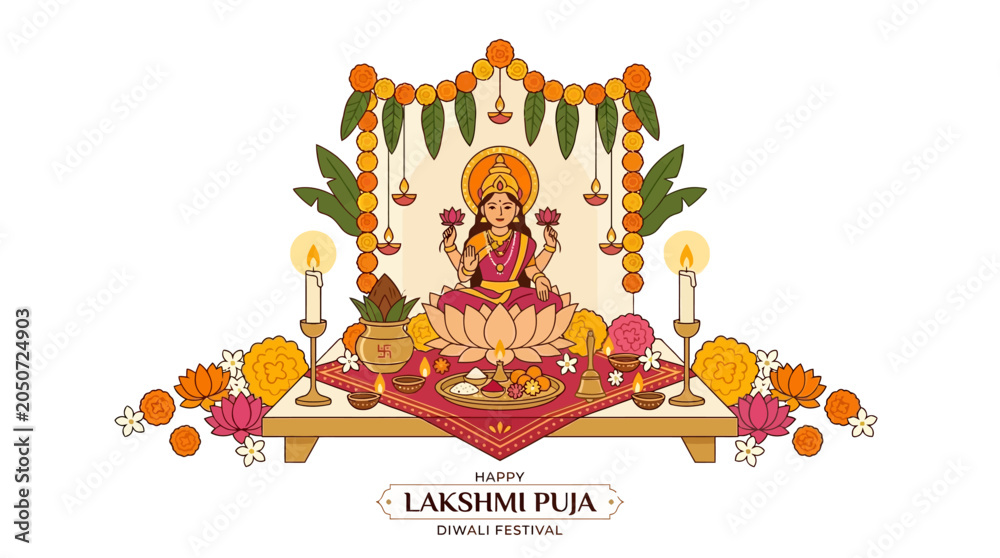 Fototapeta premium Illustration of Goddess Lakshmi sitting on a lotus flower for Happy Lakshmi Puja and Diwali festival celebration