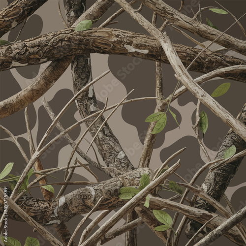 Seamless hunting camouflage vector pattern with detailed tree branches, textured bark, and green leaves in brown tones.