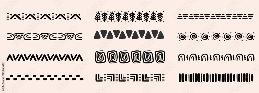 Obraz premium Tribal African folk border, decorative ethnic motif hand drawn doodle set. Tribal geometric design. Aztec art dividers, trendy boho separators.