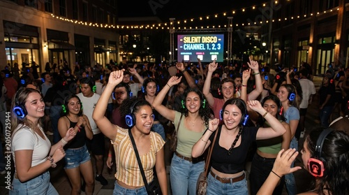 emotion happiness expression concept. Young people wearing headphones dancing at an outdoor silent disco party at night.