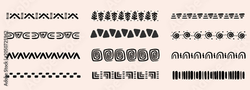 Tribal African folk border, decorative ethnic motif hand drawn doodle set. Tribal geometric design. Aztec art dividers, trendy boho separators.