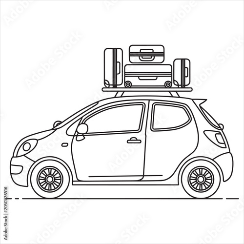 Compact car carrying luggage on roof rack for travel