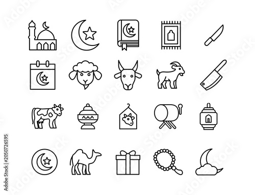 Minimal Islamic outline icon set for Eid al-Adha featuring mosque, Quran, crescent moon, prayer mat, sheep, goat, camel, lantern, tasbih, bedug, and qurban elements.