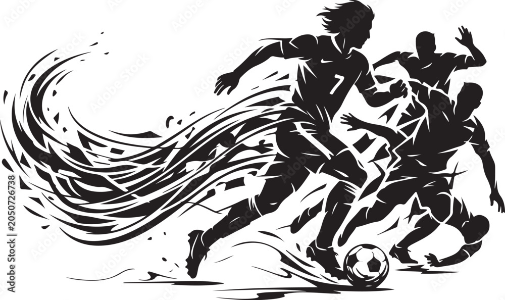 Fototapeta premium Dynamic Soccer Players, Black Silhouettes, Football Vector Illustration, Sports Graphics