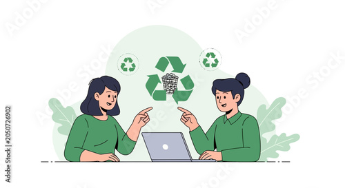 People Discussing Recycling and Sustainability with Laptop and Recycling Symbol Illustration