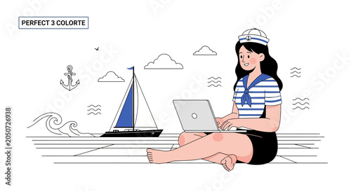 Sailor Woman Working Remotely on Laptop by the Sea with Sailboat