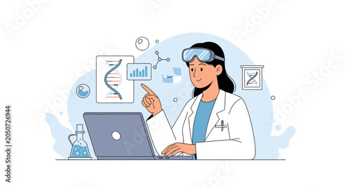 Scientist working on laptop with DNA helix and molecular structure visualizations, science and research concept.