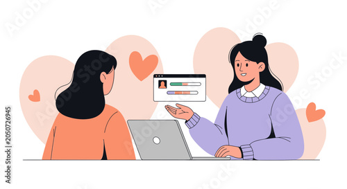 Two women discussing career progress or personal development with a laptop and profile interface