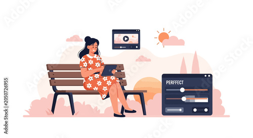 Woman Editing Video on Tablet in Park with Editing Software Interface and Player Window