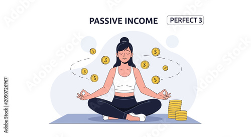 Woman Meditating for Passive Income, Money Flowing and Stacked Coins