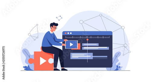 Video Editing Concept: Man Working on Timeline in Editing Software with Puzzle Piece