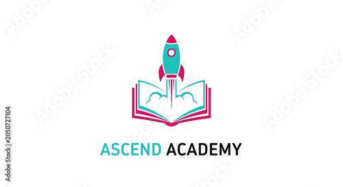 Ascend Academy logo with rocket launching from an open book.