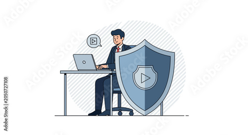 Businessman Working on Laptop Behind a Video Play Shield, Symbolizing Digital Content Security and Protection