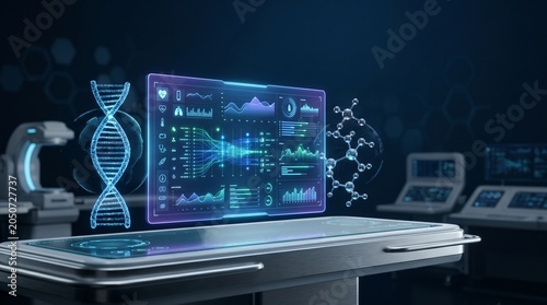 Advanced medical artificial intelligence system displaying holographic DNA sequencing, molecular models, and diagnostic data charts in a modern clinical room.