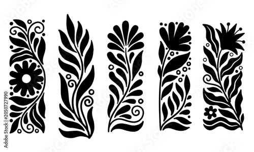 Elegant set of five black silhouette floral folk art borders decorating projects with high contrast leaves and blooms.