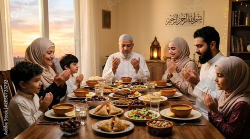 Diverse multigenerational family gathers around a richly laden table practicing spiritual reflection and communal togetherness during a significant religious observance sharing a meal and