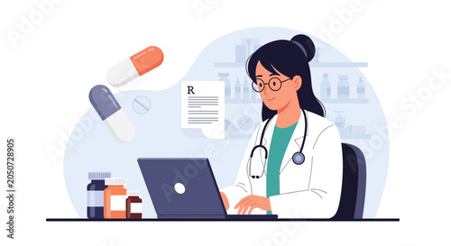 Doctor working on laptop with medical supplies and capsules, symbolizing telehealth and online pharmacy services.