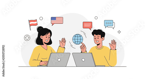 Global Communication: Diverse people connect online, bridging languages and cultures with technology.