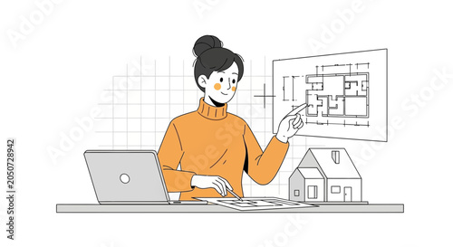 Architect or Designer Working on House Plans with Laptop and Model