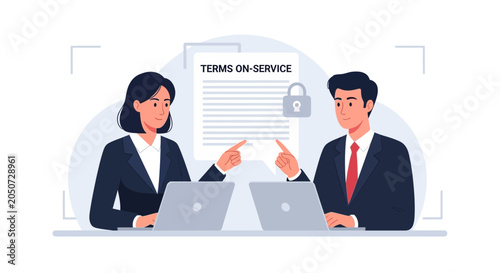 Business professionals review terms of service agreement with padlock, discussing contract on laptops.