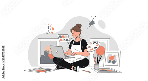 Artist creating digital art on laptop surrounded by paintings, palette, and brushes, modern creative workspace illustration
