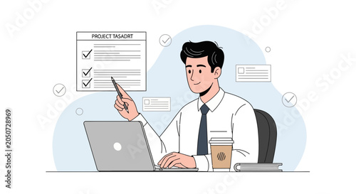 Businessman checking tasks on checklist with laptop and coffee, project management concept illustration