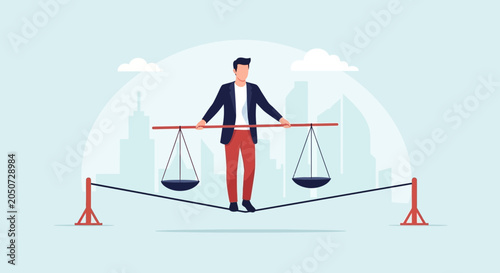 Businessman Balancing Scales on Tightrope with City Skyline Background