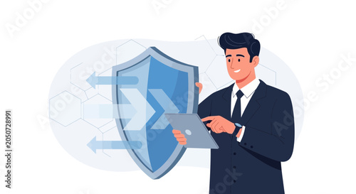 Businessman with Tablet Protects Shield Symbolizing Security and Data Protection