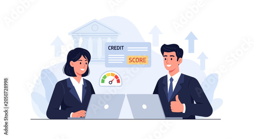 Business professionals improve credit score with online banking and financial analysis, symbolizing growth and success.