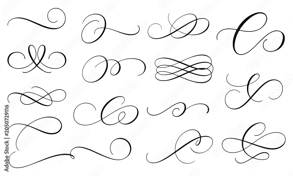 Fototapeta premium Elegant set of black calligraphic flourishes and swirls hand-drawn on clean white background for luxury wedding design assets.