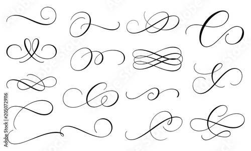 Elegant set of black calligraphic flourishes and swirls hand-drawn on clean white background for luxury wedding design assets.