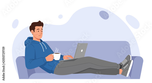 Man Relaxing on Sofa with Laptop and Coffee, Casual Lifestyle, Remote Work Concept