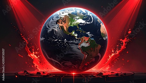 A globe on fire with red lights shining behind