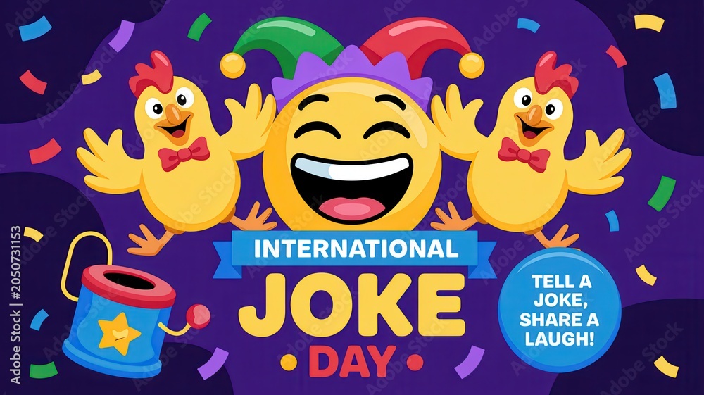 Fototapeta premium International Joke Day cartoon illustration with laughing emoji, funny chickens, and colorful confetti
