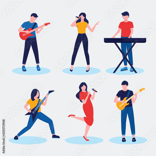 Quadro su tela Music Band Cartoon Illustration Set with Musicians, Singers, Guitarists, and Key